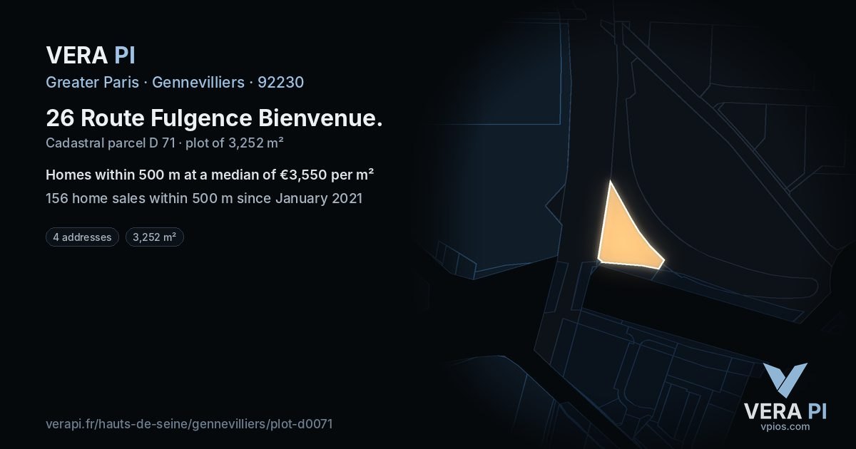 26 Route Fulgence Bienvenue, Gennevilliers at night – the plot lit, the parcels around coloured by the prices near them