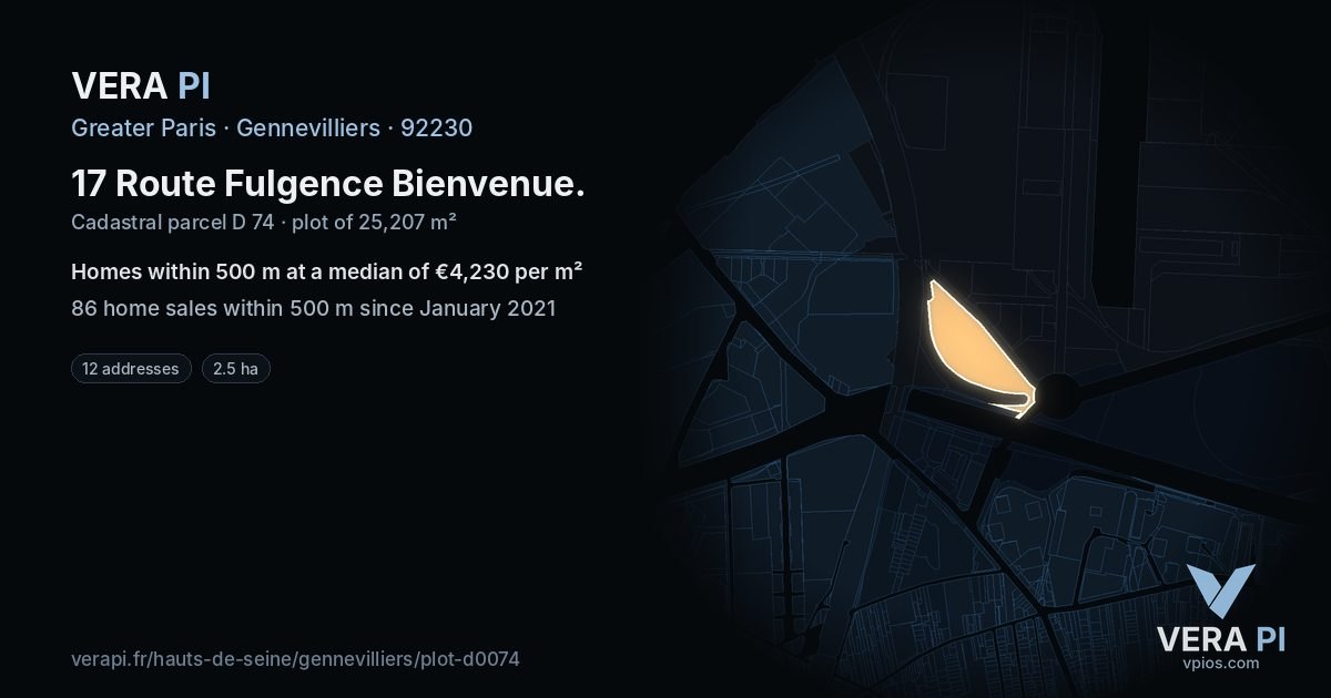17 Route Fulgence Bienvenue, Gennevilliers at night – the plot lit, the parcels around coloured by the prices near them