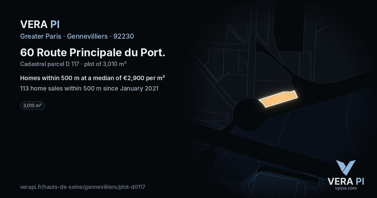 60 Route Principale du Port, Gennevilliers at night – the plot lit, the parcels around coloured by the prices near them