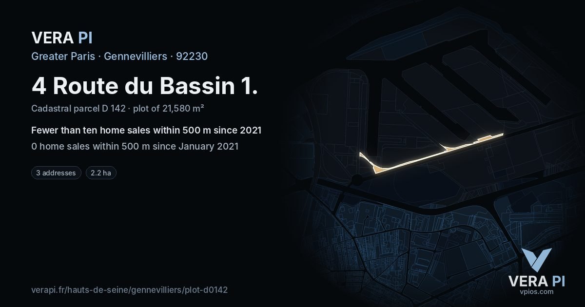 4 Route du Bassin 1, Gennevilliers at night – the plot lit, the parcels around coloured by the prices near them