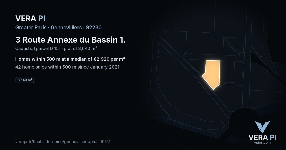 3 Route Annexe du Bassin 1, Gennevilliers at night – the plot lit, the parcels around coloured by the prices near them