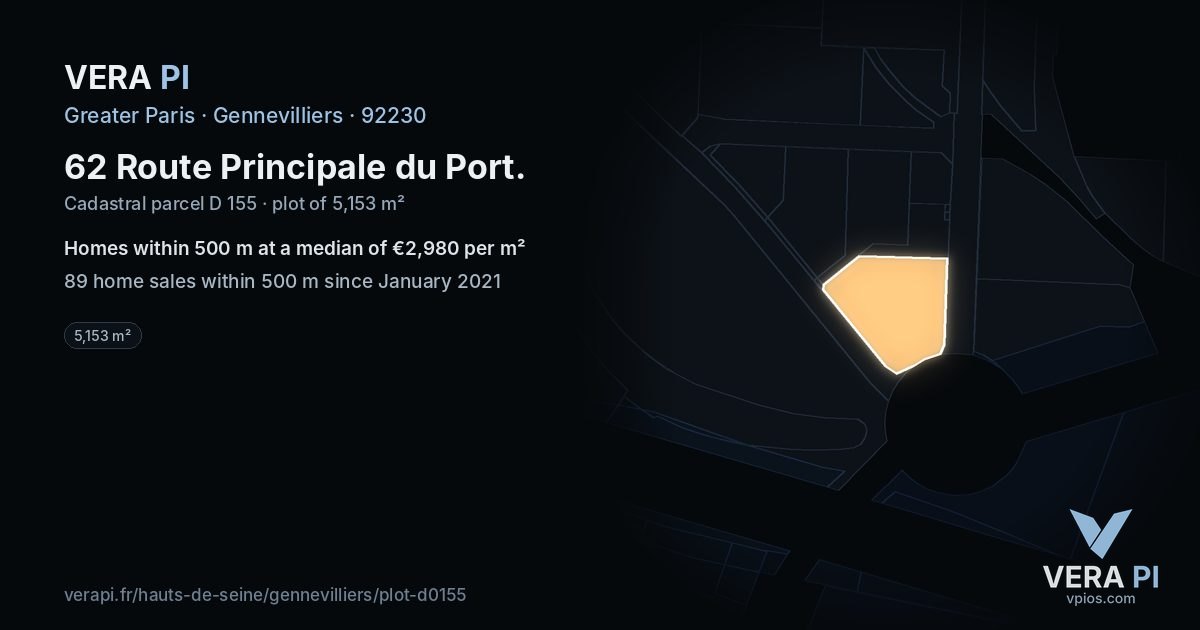 62 Route Principale du Port, Gennevilliers at night – the plot lit, the parcels around coloured by the prices near them