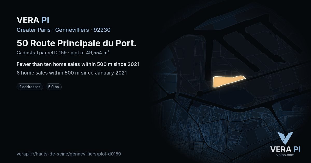 50 Route Principale du Port, Gennevilliers at night – the plot lit, the parcels around coloured by the prices near them