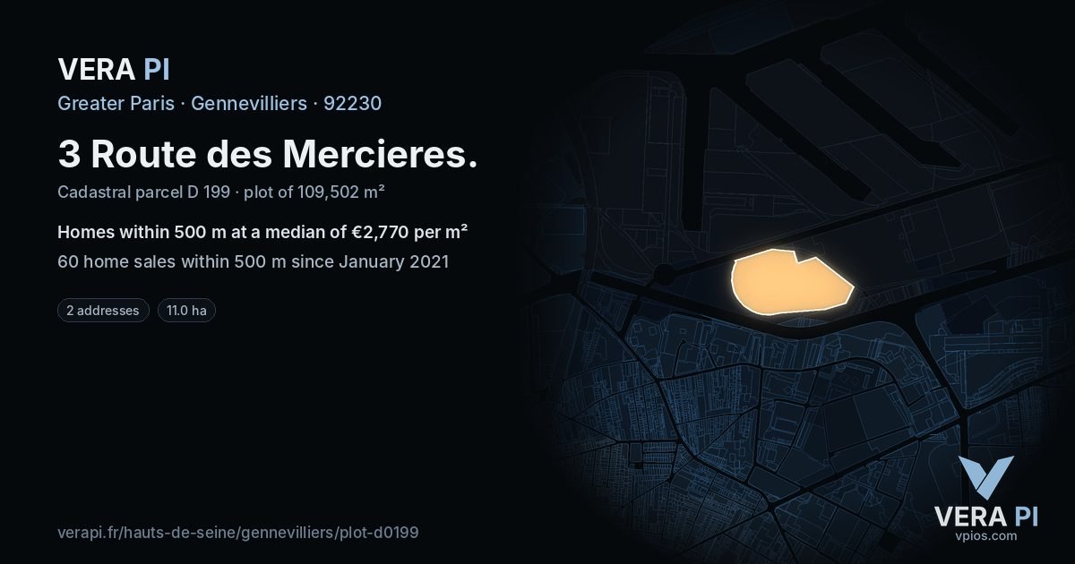 3 Route des Mercieres, Gennevilliers at night – the plot lit, the parcels around coloured by the prices near them