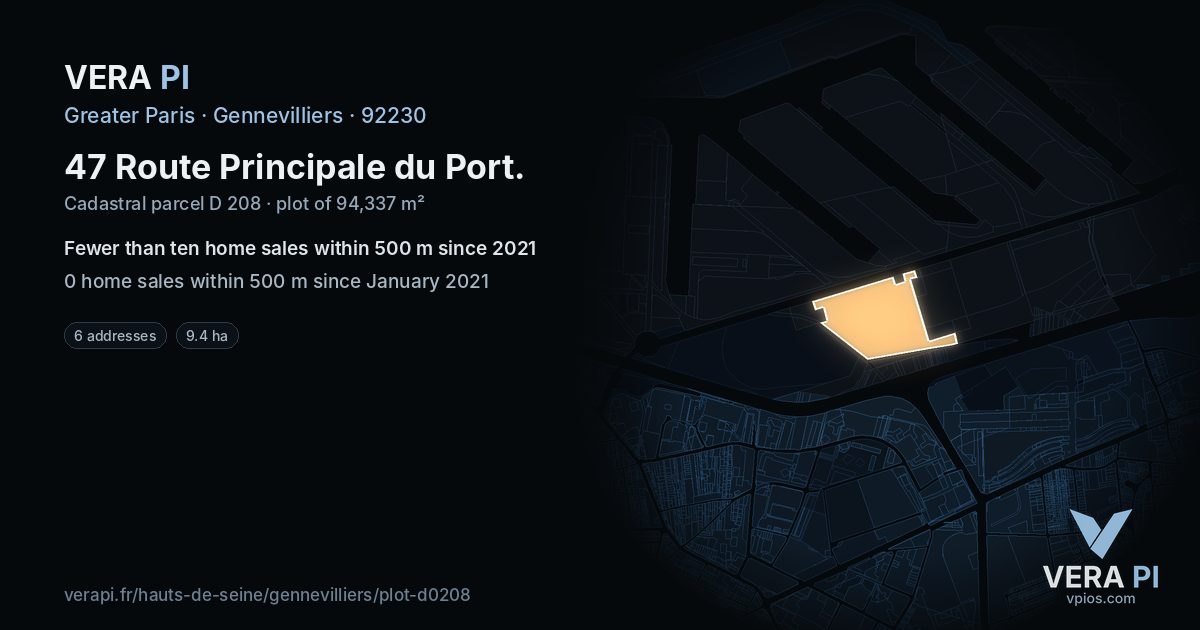 47 Route Principale du Port, Gennevilliers at night – the plot lit, the parcels around coloured by the prices near them