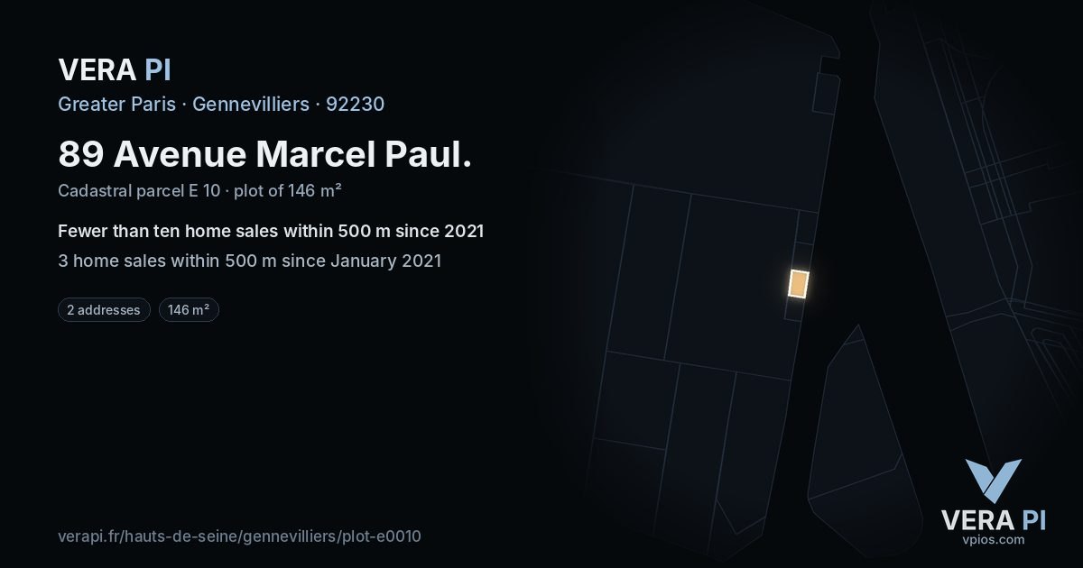 89 Avenue Marcel Paul, Gennevilliers at night – the plot lit, the parcels around coloured by the prices near them