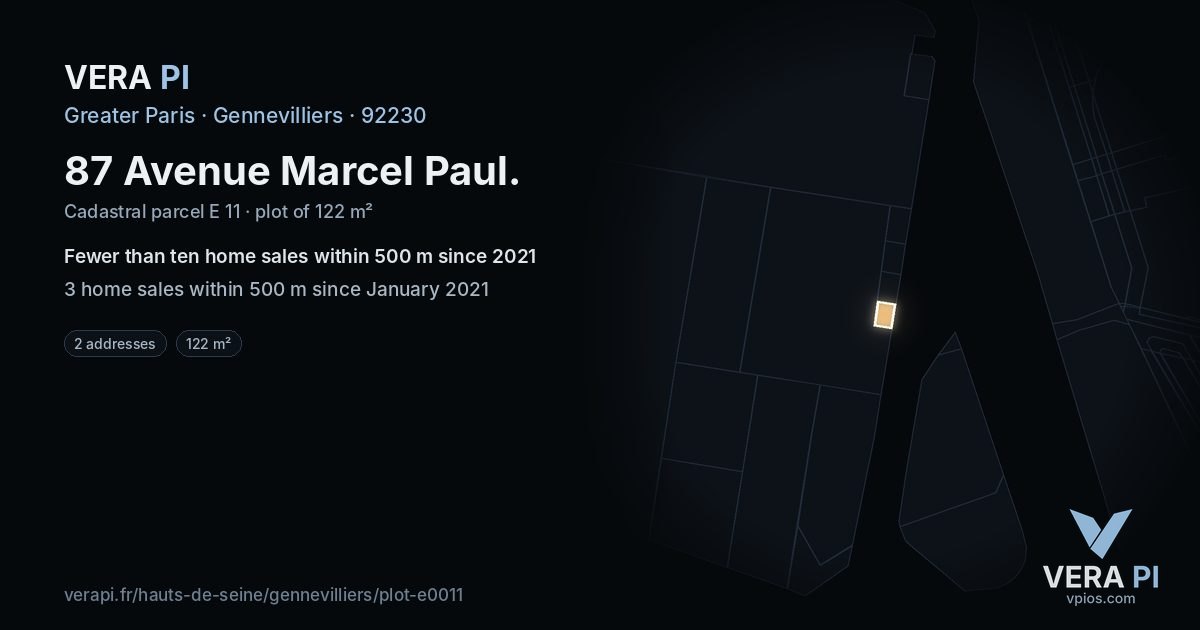 87 Avenue Marcel Paul, Gennevilliers at night – the plot lit, the parcels around coloured by the prices near them