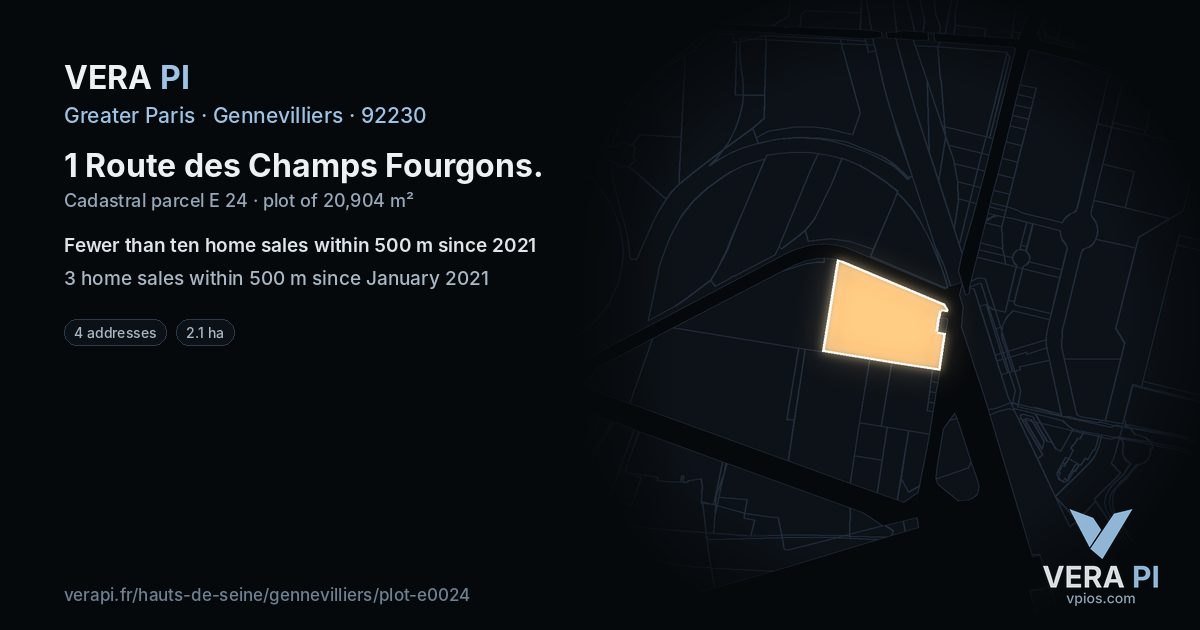 1 Route des Champs Fourgons, Gennevilliers at night – the plot lit, the parcels around coloured by the prices near them