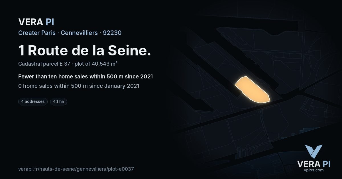 1 Route de la Seine, Gennevilliers at night – the plot lit, the parcels around coloured by the prices near them