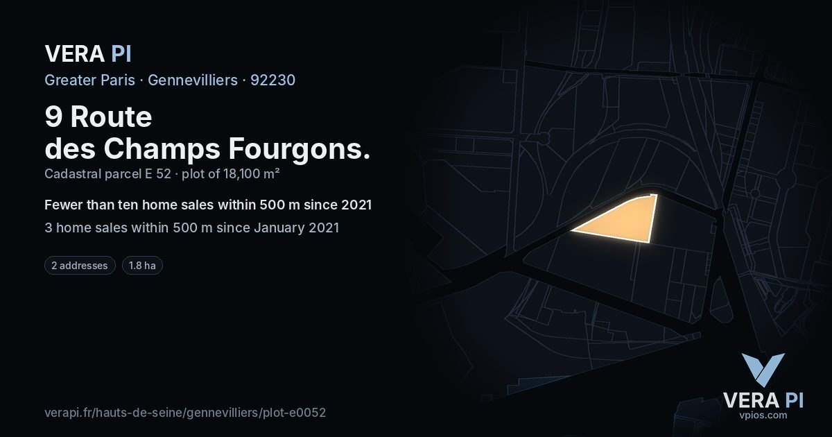 9 Route des Champs Fourgons, Gennevilliers at night – the plot lit, the parcels around coloured by the prices near them