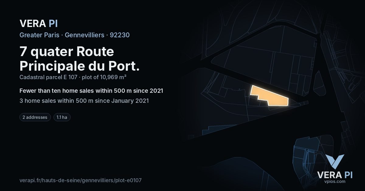 7 quater Route Principale du Port, Gennevilliers at night – the plot lit, the parcels around coloured by the prices near them