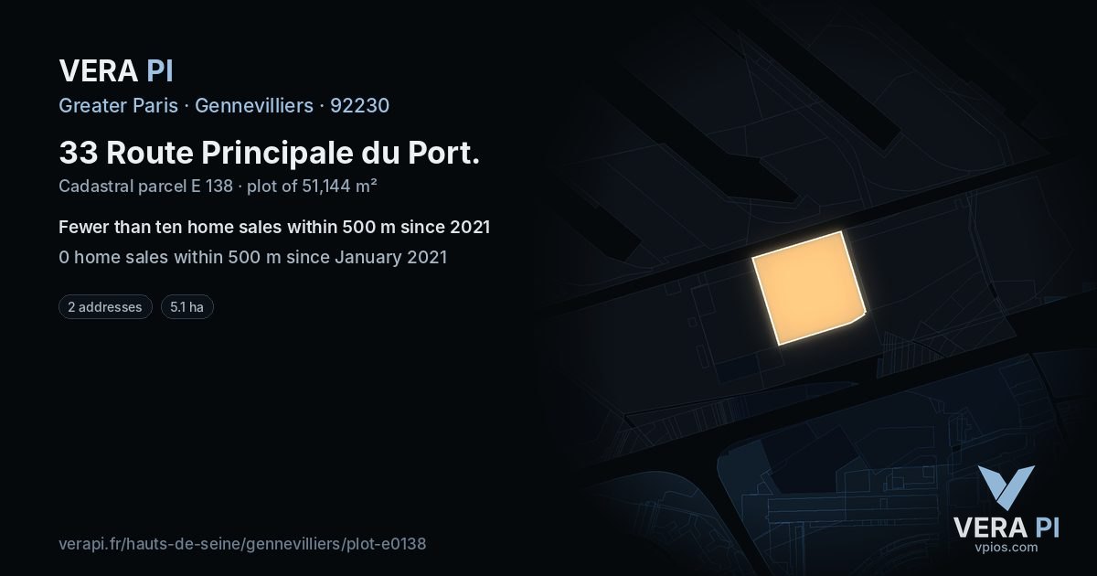 33 Route Principale du Port, Gennevilliers at night – the plot lit, the parcels around coloured by the prices near them