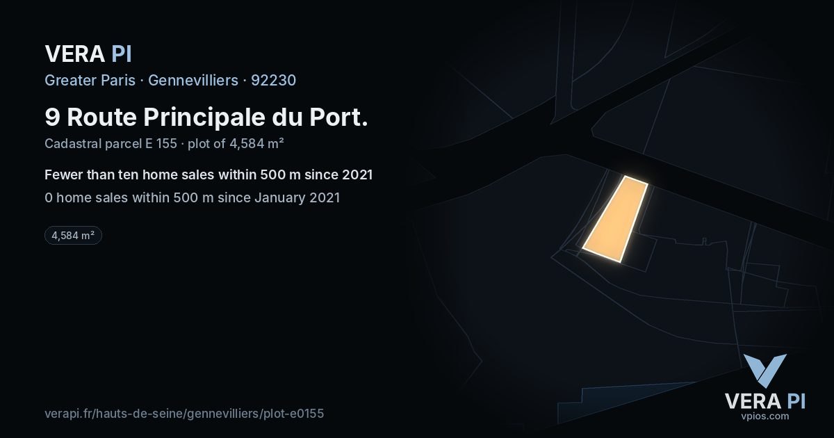 9 Route Principale du Port, Gennevilliers at night – the plot lit, the parcels around coloured by the prices near them