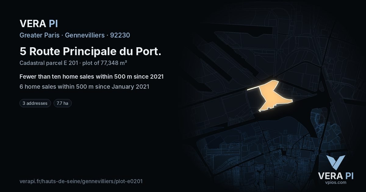 5 Route Principale du Port, Gennevilliers at night – the plot lit, the parcels around coloured by the prices near them