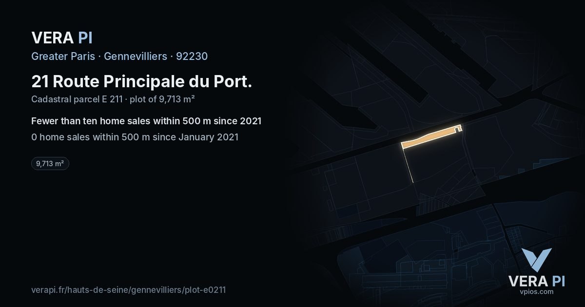 21 Route Principale du Port, Gennevilliers at night – the plot lit, the parcels around coloured by the prices near them