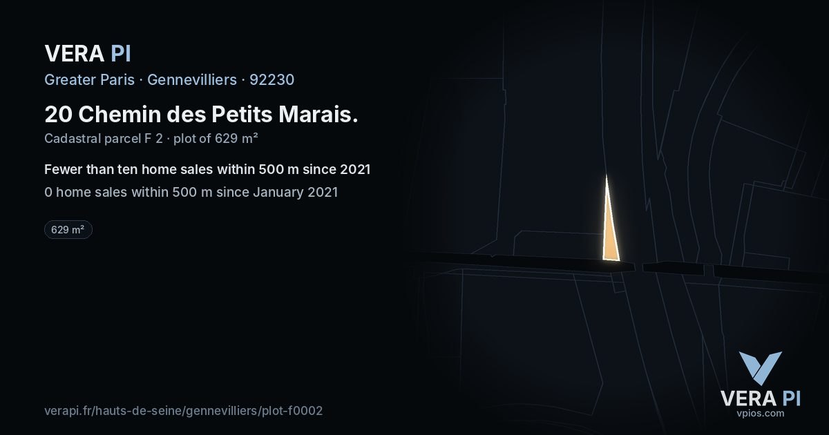 20 Chemin des Petits Marais, Gennevilliers at night – the plot lit, the parcels around coloured by the prices near them