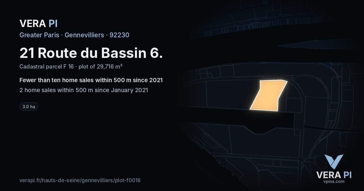 21 Route du Bassin 6, Gennevilliers at night – the plot lit, the parcels around coloured by the prices near them