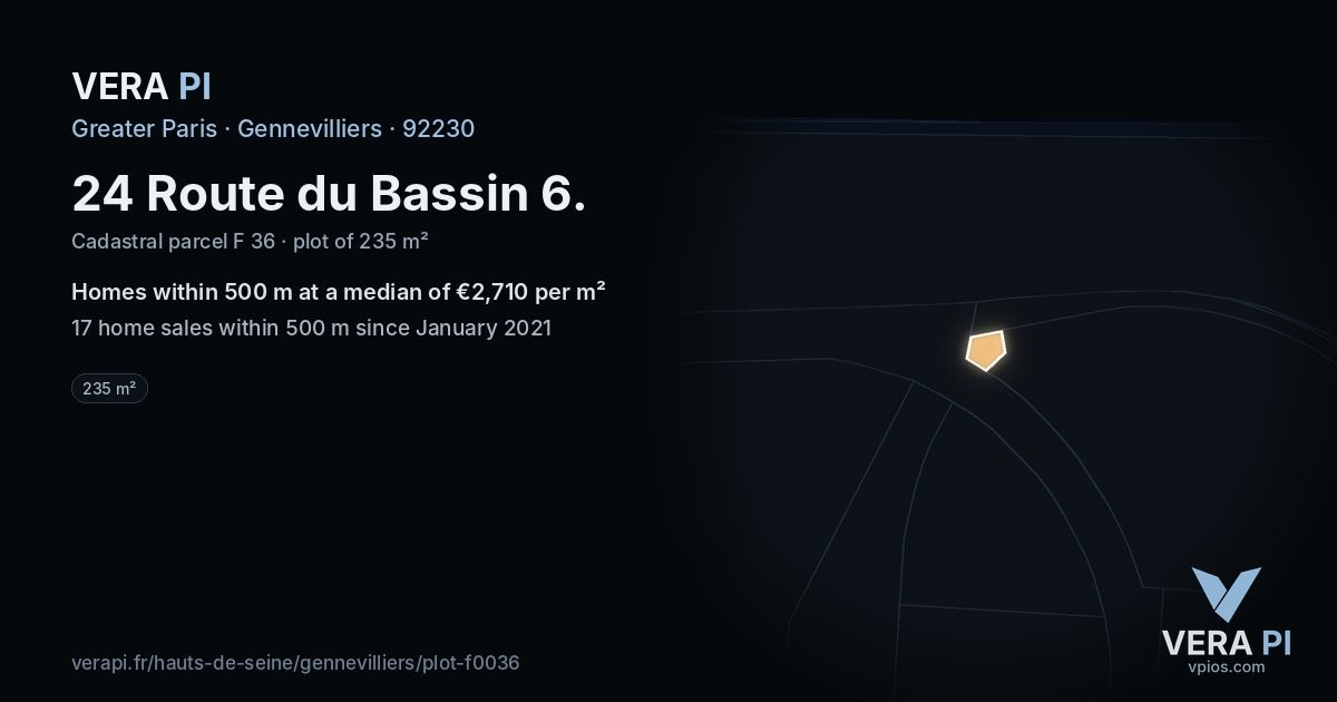 24 Route du Bassin 6, Gennevilliers at night – the plot lit, the parcels around coloured by the prices near them
