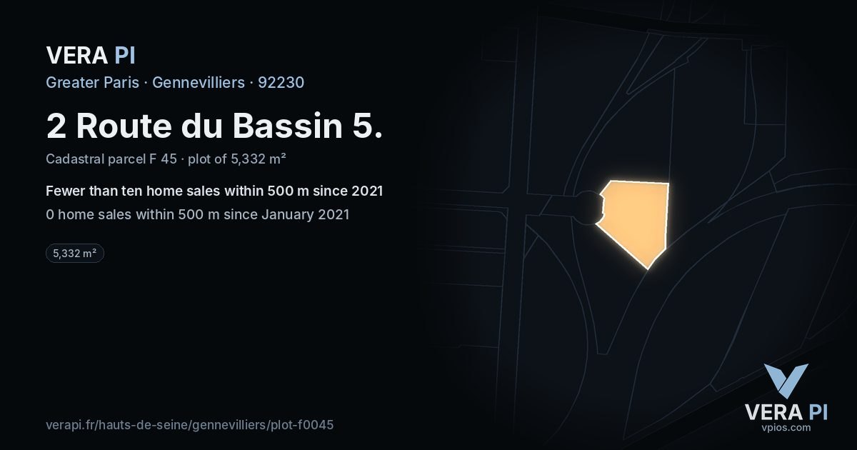 2 Route du Bassin 5, Gennevilliers at night – the plot lit, the parcels around coloured by the prices near them