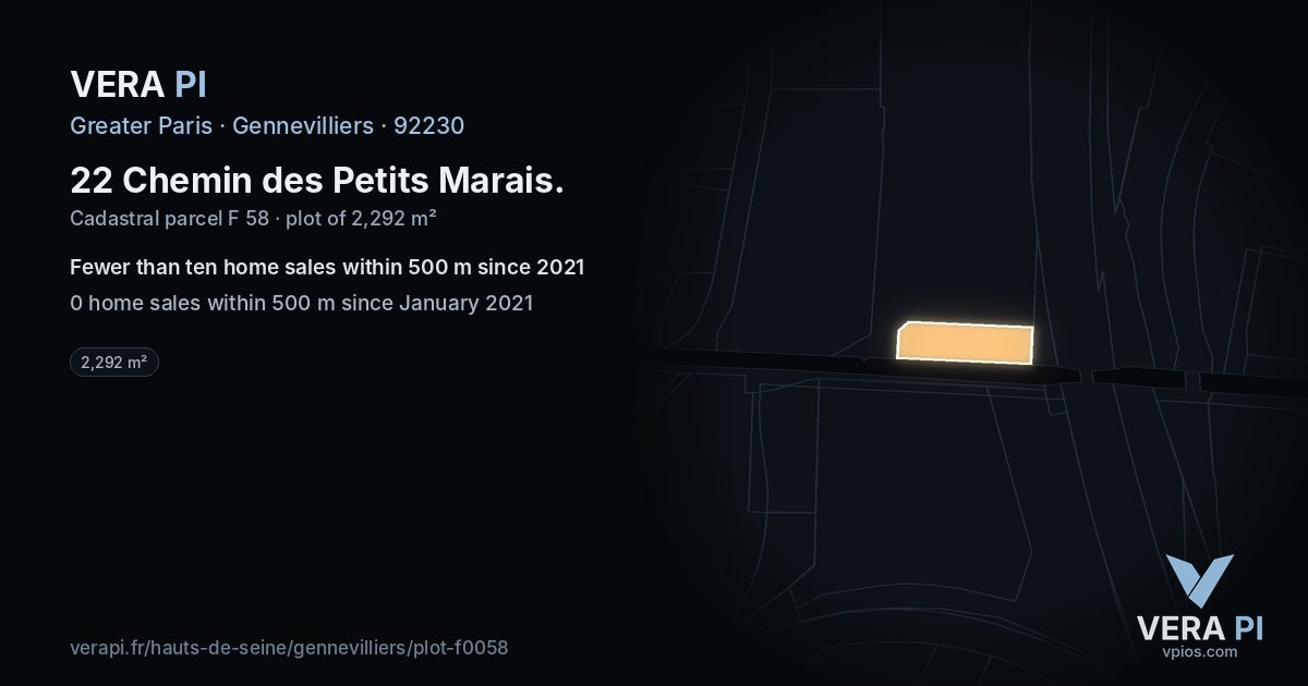 22 Chemin des Petits Marais, Gennevilliers at night – the plot lit, the parcels around coloured by the prices near them