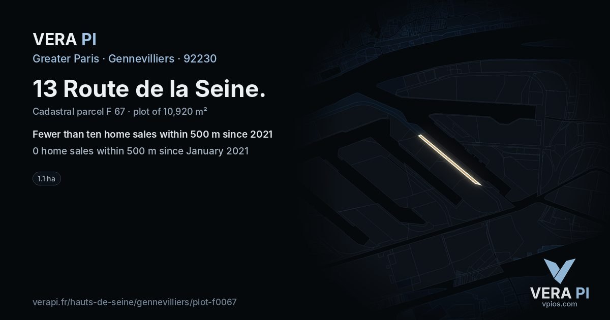 13 Route de la Seine, Gennevilliers at night – the plot lit, the parcels around coloured by the prices near them