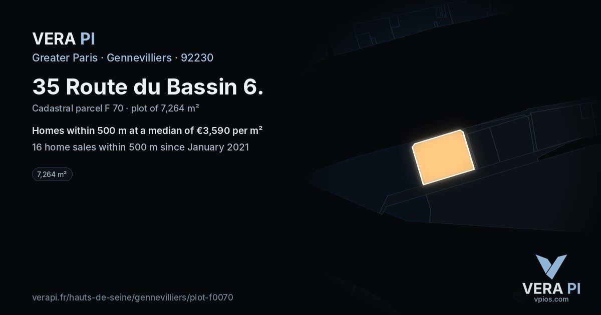 35 Route du Bassin 6, Gennevilliers at night – the plot lit, the parcels around coloured by the prices near them