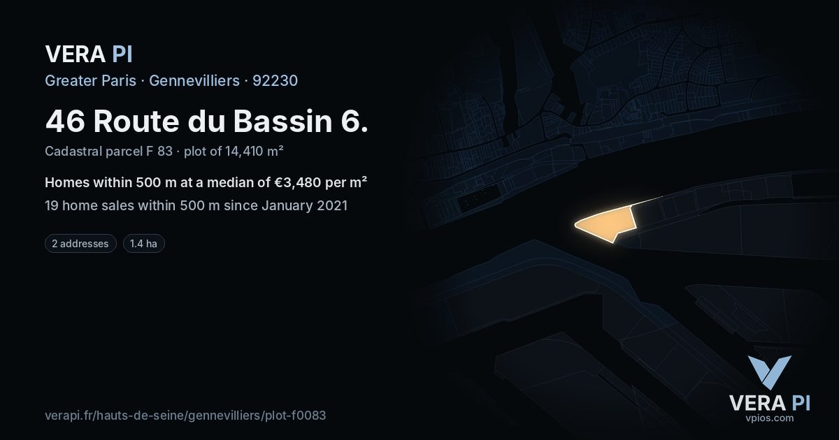 46 Route du Bassin 6, Gennevilliers at night – the plot lit, the parcels around coloured by the prices near them