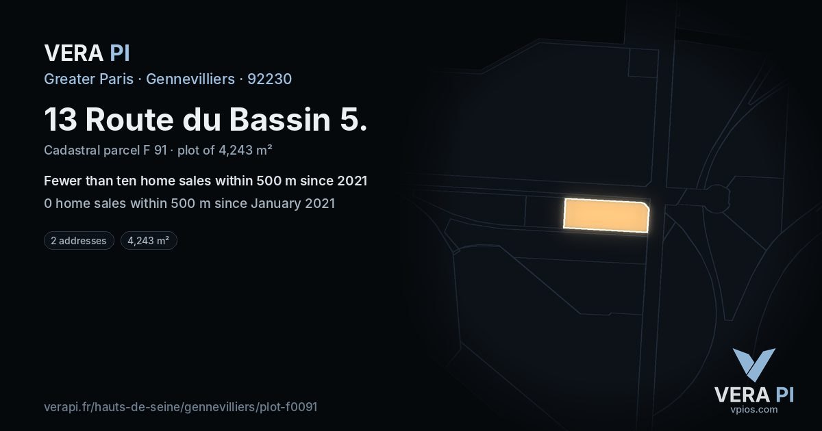 13 Route du Bassin 5, Gennevilliers at night – the plot lit, the parcels around coloured by the prices near them
