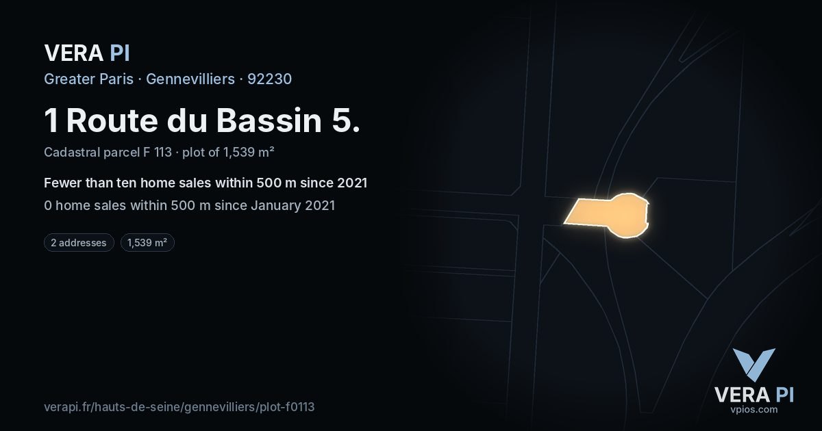 1 Route du Bassin 5, Gennevilliers at night – the plot lit, the parcels around coloured by the prices near them