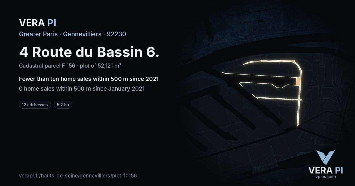 4 Route du Bassin 6, Gennevilliers at night – the plot lit, the parcels around coloured by the prices near them