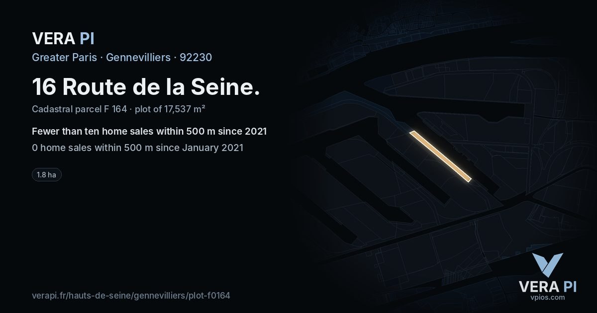 16 Route de la Seine, Gennevilliers at night – the plot lit, the parcels around coloured by the prices near them
