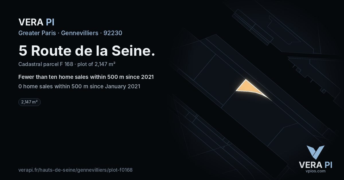 5 Route de la Seine, Gennevilliers at night – the plot lit, the parcels around coloured by the prices near them