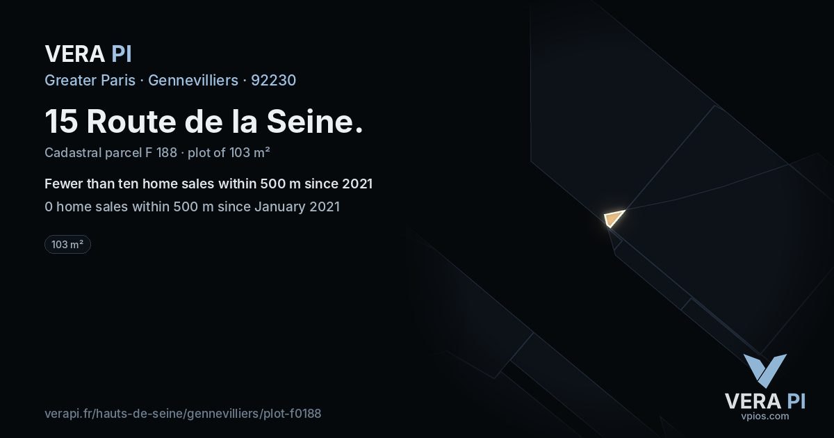 15 Route de la Seine, Gennevilliers at night – the plot lit, the parcels around coloured by the prices near them