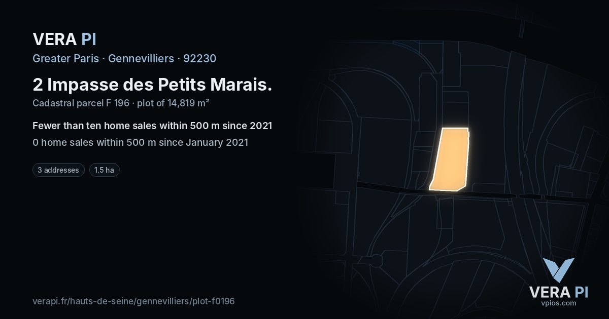 2 Impasse des Petits Marais, Gennevilliers at night – the plot lit, the parcels around coloured by the prices near them