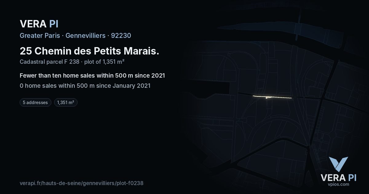 25 Chemin des Petits Marais, Gennevilliers at night – the plot lit, the parcels around coloured by the prices near them