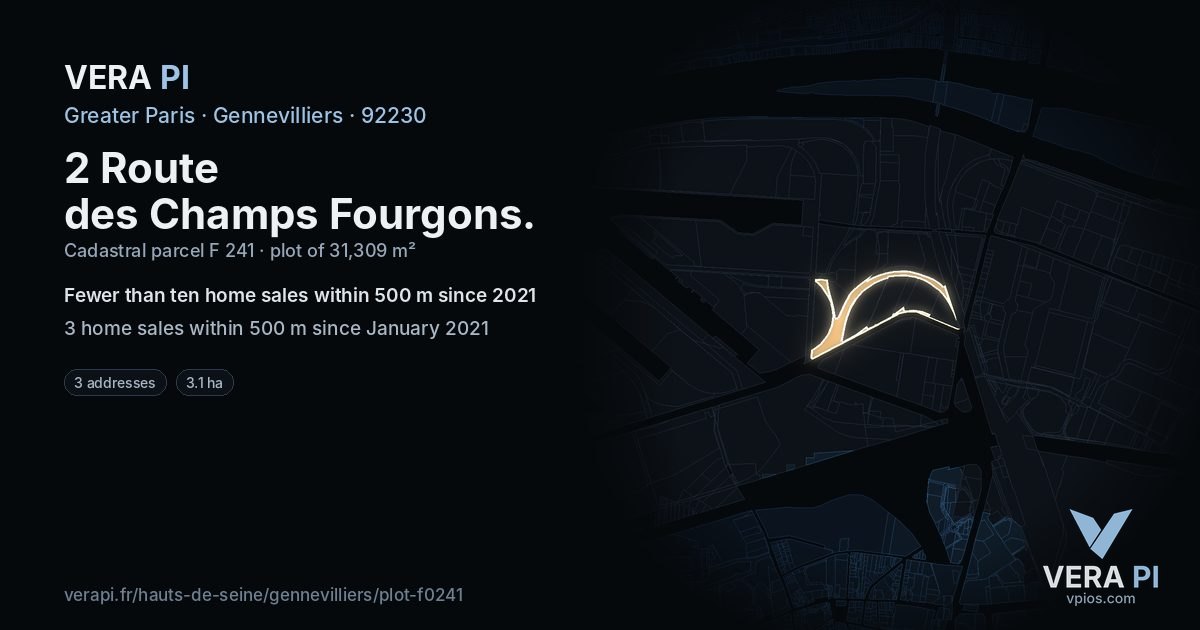 2 Route des Champs Fourgons, Gennevilliers at night – the plot lit, the parcels around coloured by the prices near them