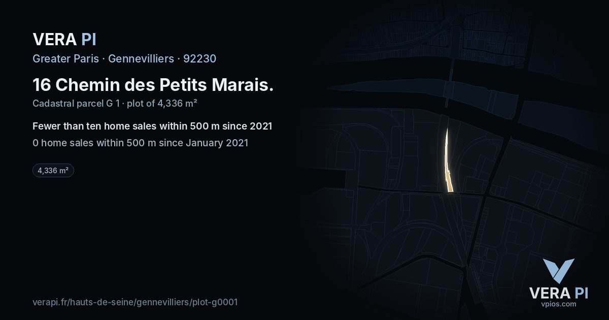 16 Chemin des Petits Marais, Gennevilliers at night – the plot lit, the parcels around coloured by the prices near them