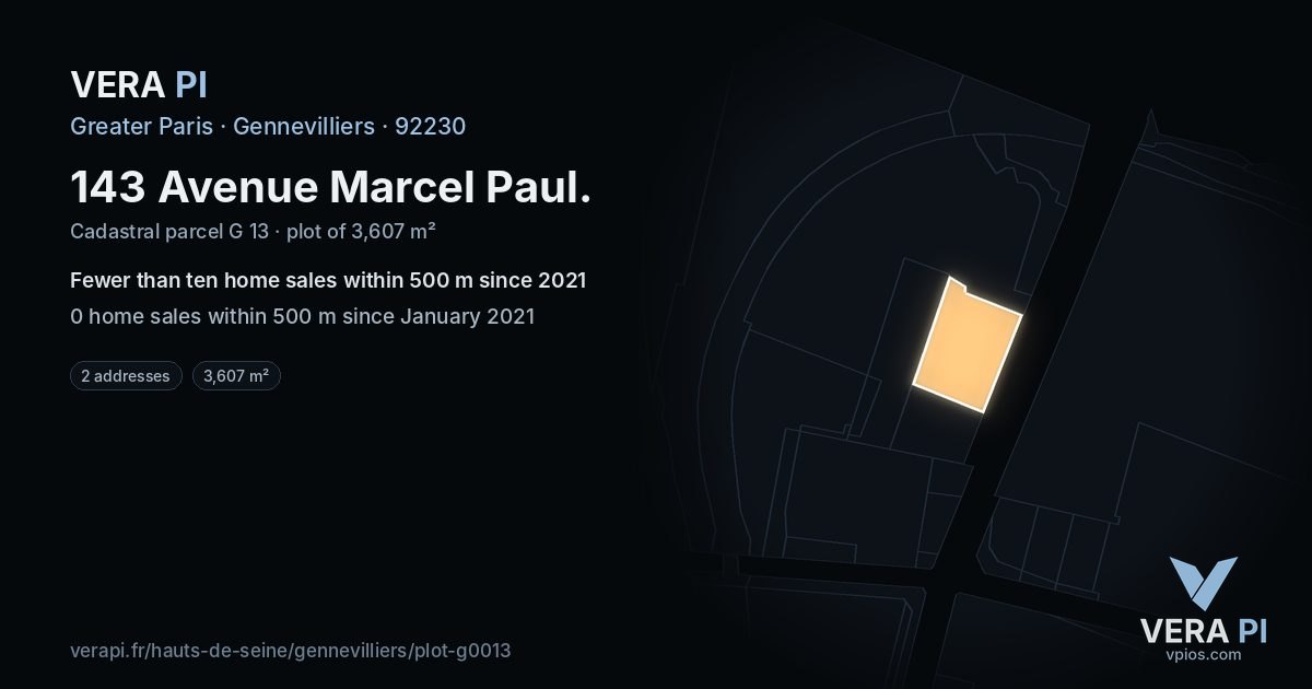 143 Avenue Marcel Paul, Gennevilliers at night – the plot lit, the parcels around coloured by the prices near them