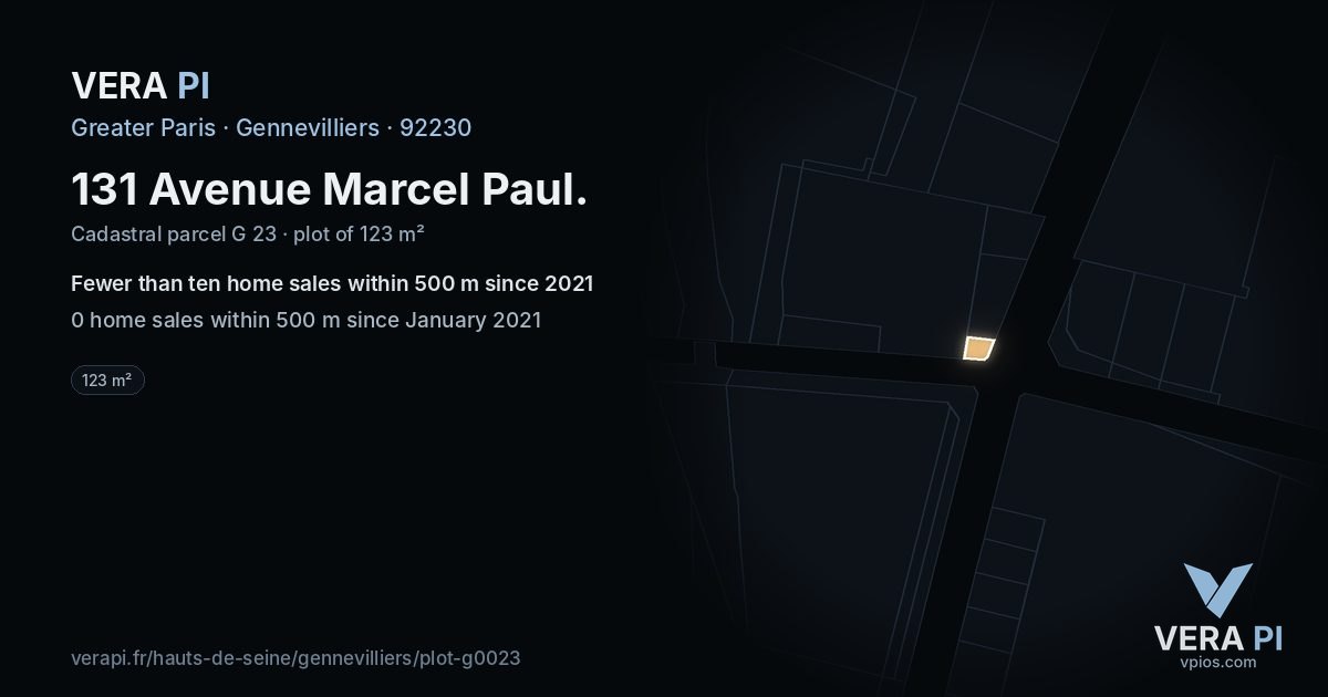 131 Avenue Marcel Paul, Gennevilliers at night – the plot lit, the parcels around coloured by the prices near them