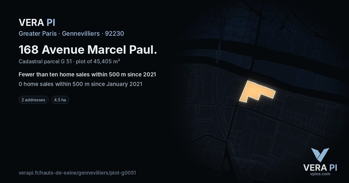 168 Avenue Marcel Paul, Gennevilliers at night – the plot lit, the parcels around coloured by the prices near them
