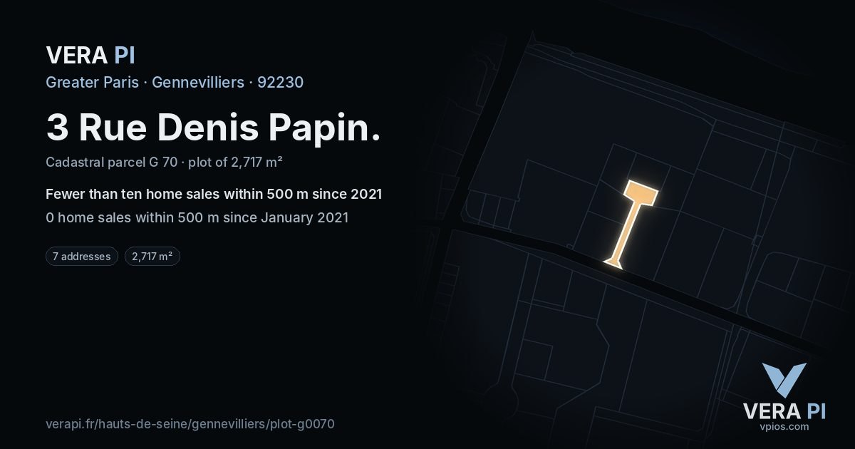 3 Rue Denis Papin, Gennevilliers at night – the plot lit, the parcels around coloured by the prices near them