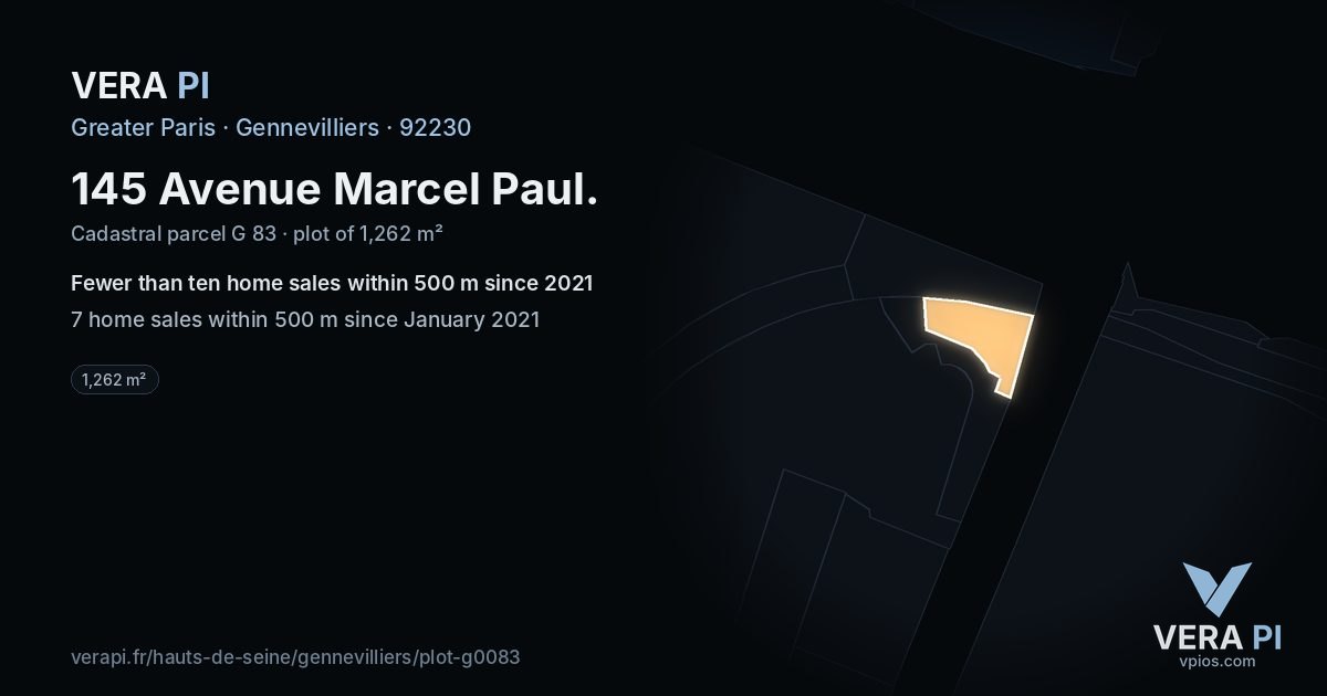 145 Avenue Marcel Paul, Gennevilliers at night – the plot lit, the parcels around coloured by the prices near them