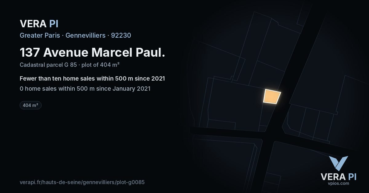 137 Avenue Marcel Paul, Gennevilliers at night – the plot lit, the parcels around coloured by the prices near them
