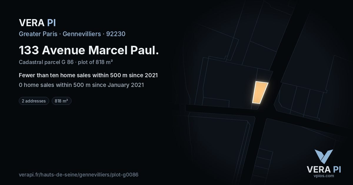133 Avenue Marcel Paul, Gennevilliers at night – the plot lit, the parcels around coloured by the prices near them