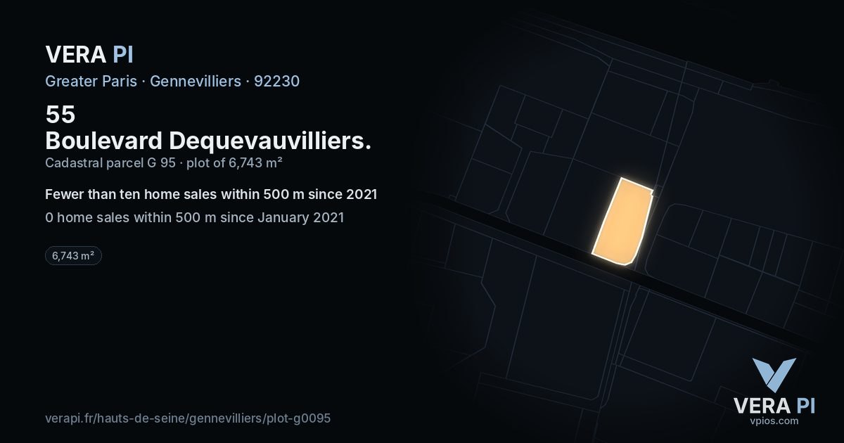 55 Boulevard Dequevauvilliers, Gennevilliers at night – the plot lit, the parcels around coloured by the prices near them