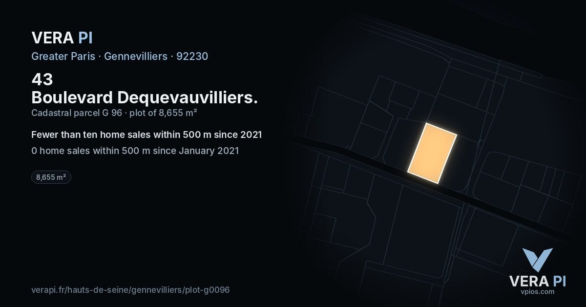 43 Boulevard Dequevauvilliers, Gennevilliers at night – the plot lit, the parcels around coloured by the prices near them