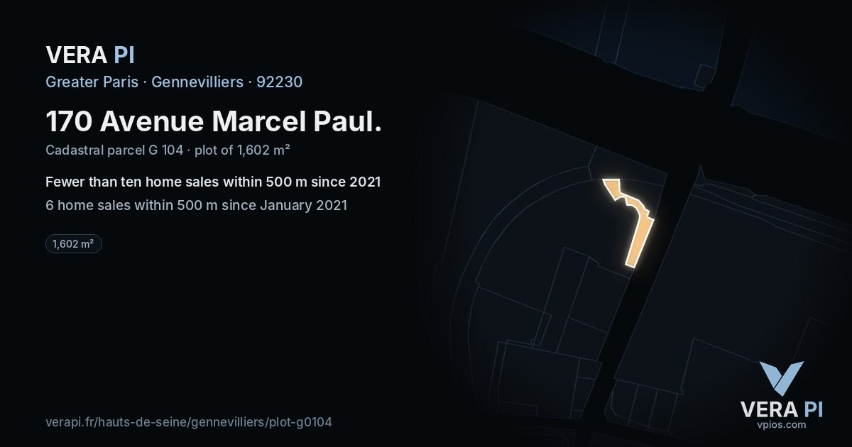 170 Avenue Marcel Paul, Gennevilliers at night – the plot lit, the parcels around coloured by the prices near them