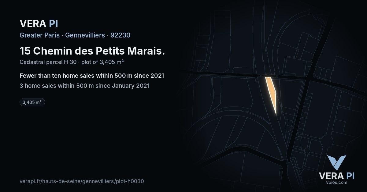 15 Chemin des Petits Marais, Gennevilliers at night – the plot lit, the parcels around coloured by the prices near them