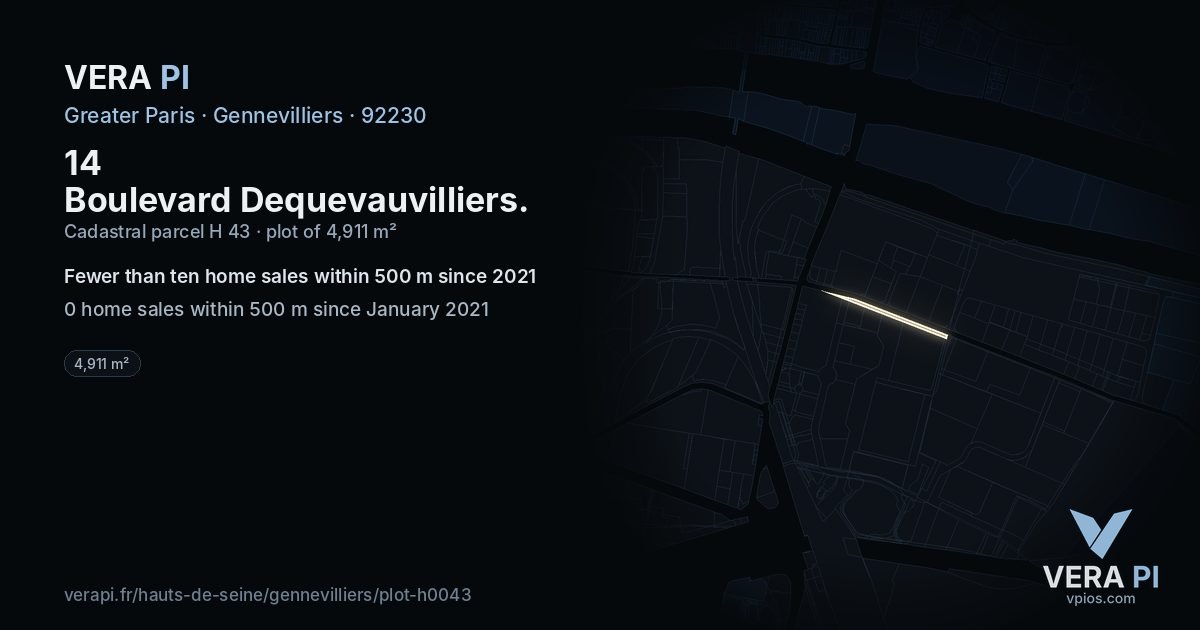 14 Boulevard Dequevauvilliers, Gennevilliers at night – the plot lit, the parcels around coloured by the prices near them