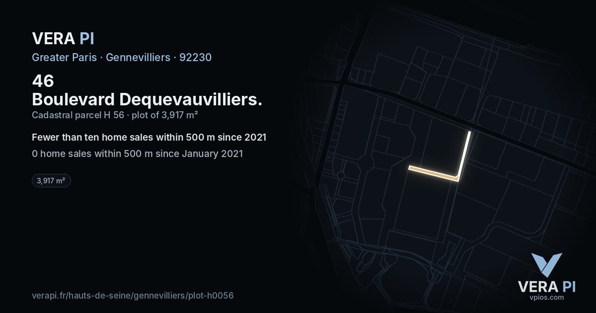 46 Boulevard Dequevauvilliers, Gennevilliers at night – the plot lit, the parcels around coloured by the prices near them